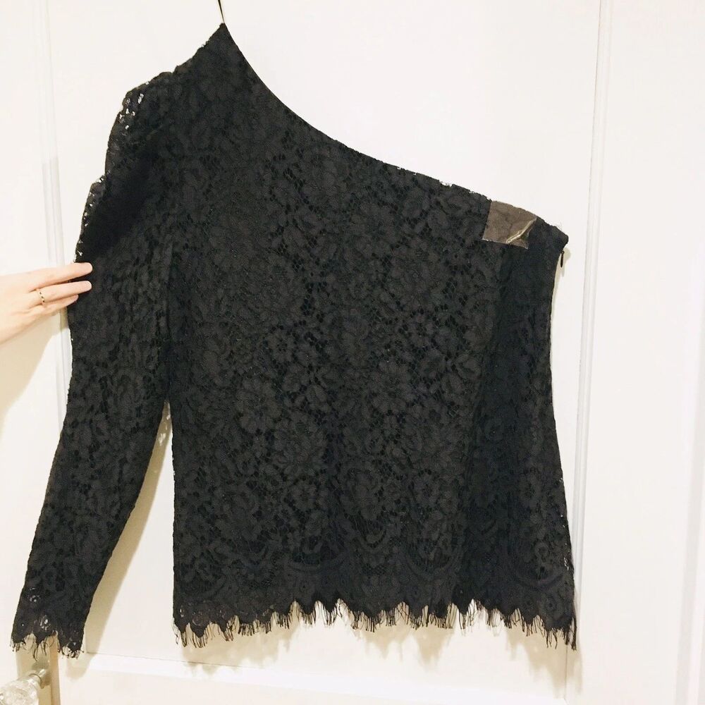 Leyden Black Lace Sheer One Shoulder Top Womens Large Long Sleeve Fringe Hem